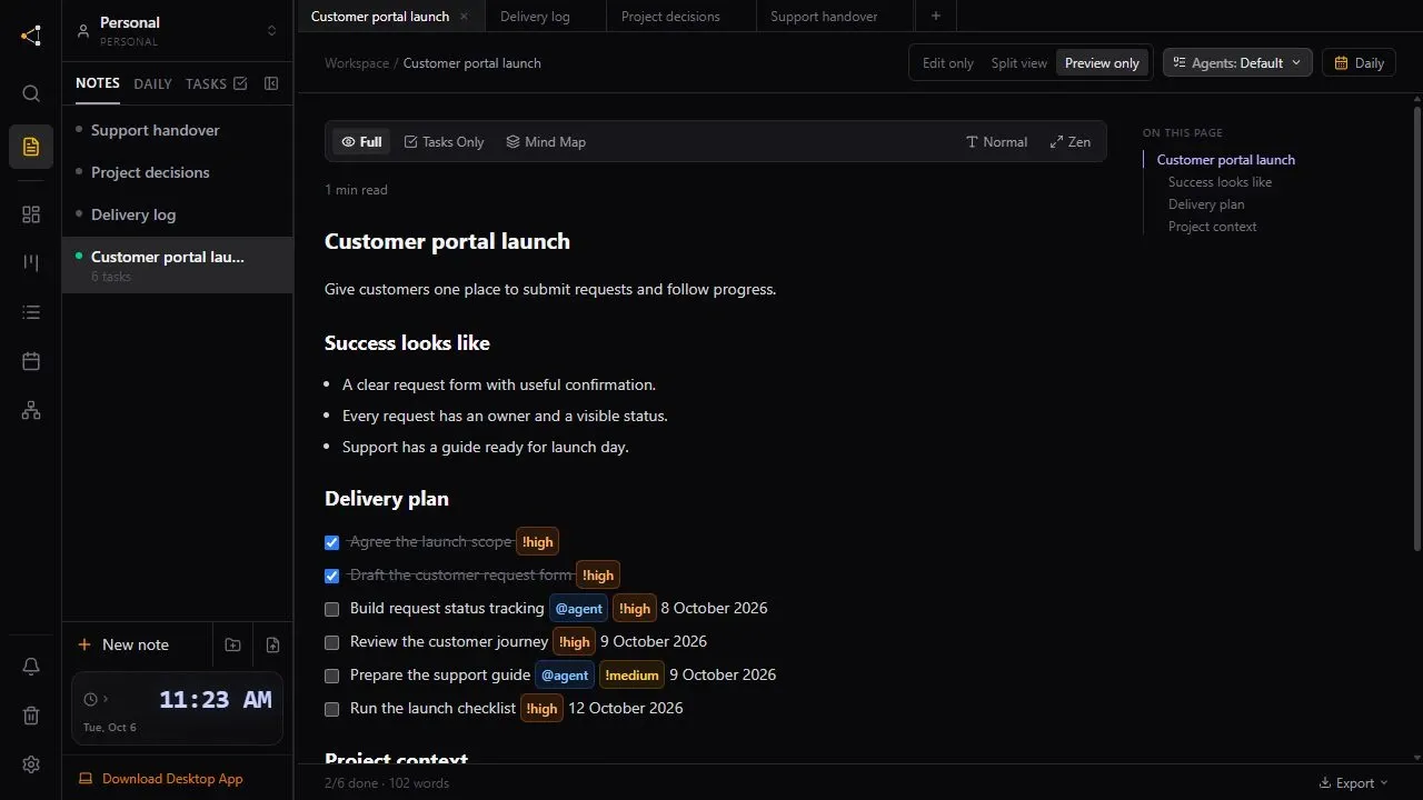 Knotpad showing a sample project brief and its delivery tasks