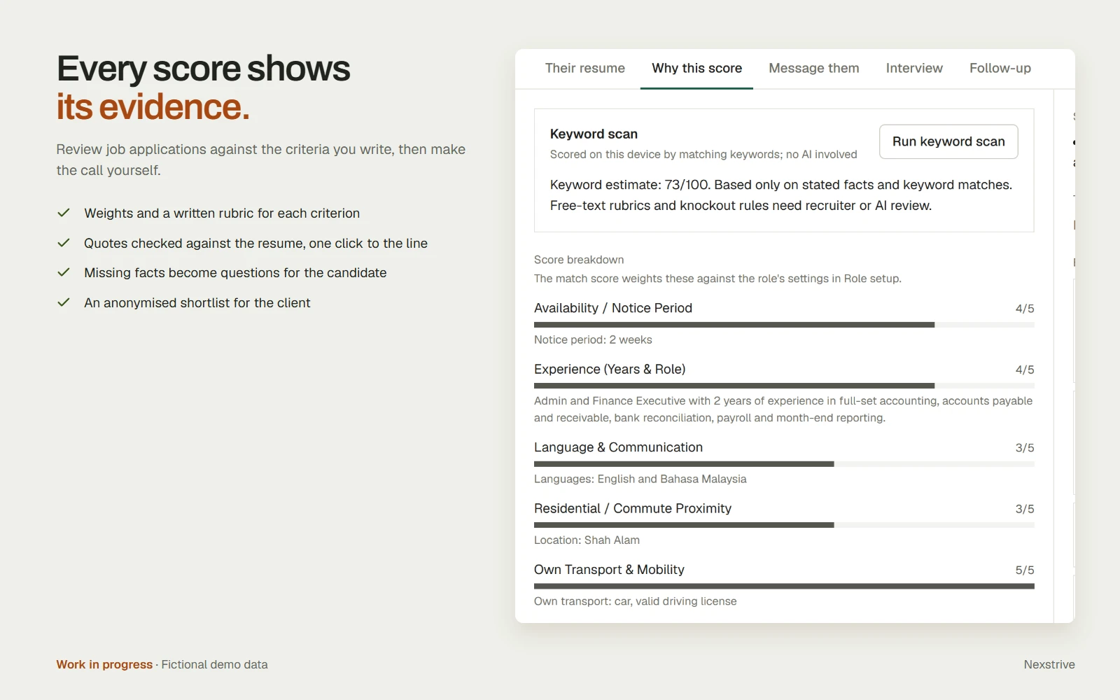 A recruitment app screen with fictional data: a keyword scan estimate of 73 out of 100 and a score breakdown by criterion, each with the resume line behind it, beside the headline Every score shows its evidence