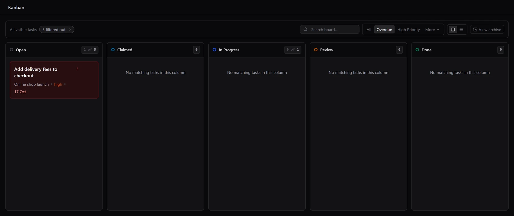 Knotpad board with the Overdue filter selected, showing one overdue high-priority task, Add delivery fees to checkout, in the Open column