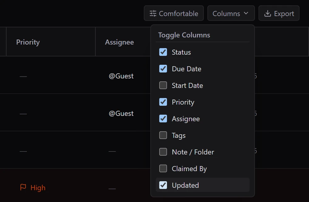 Knotpad Toggle Columns menu with Status, Due Date, Priority, Assignee and Updated ticked