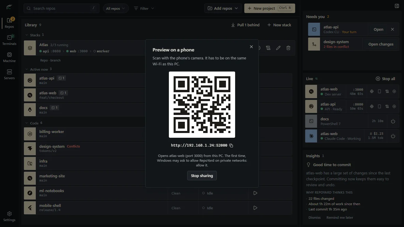 RepoYard phone preview dialog with a QR code and local network address