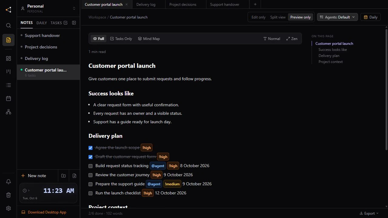 Knotpad note for a sample customer portal launch, with success criteria and a dated delivery plan