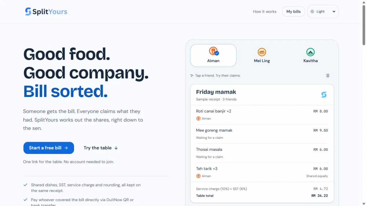 SplitYours website with an interactive example of friends claiming items on a shared receipt